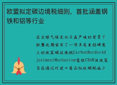 欧盟拟定碳边境税细则，首批涵盖钢铁和铝等行业